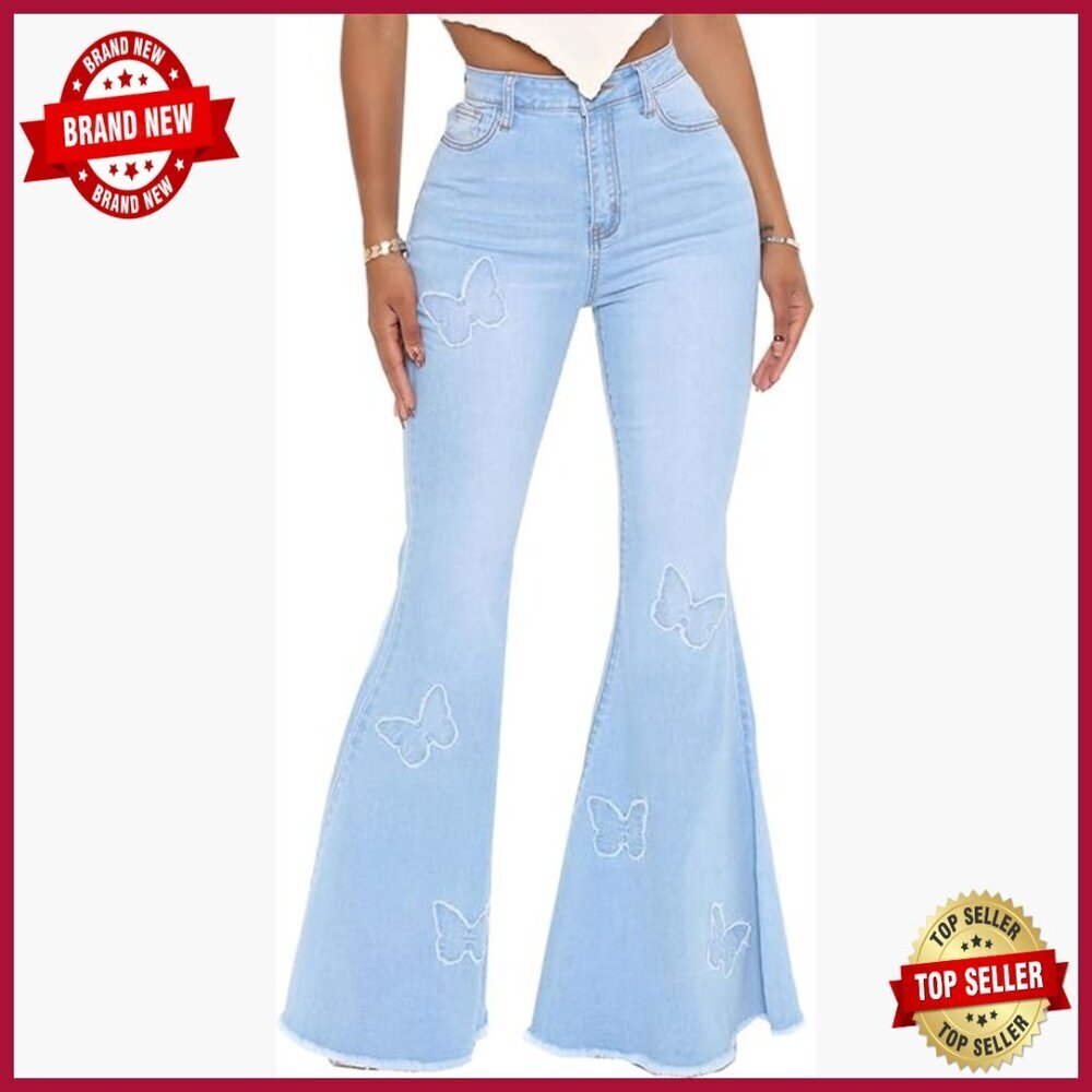 High Rise Flare Jeans with Raw Hem Distressed Denim Pants Elastic Waist